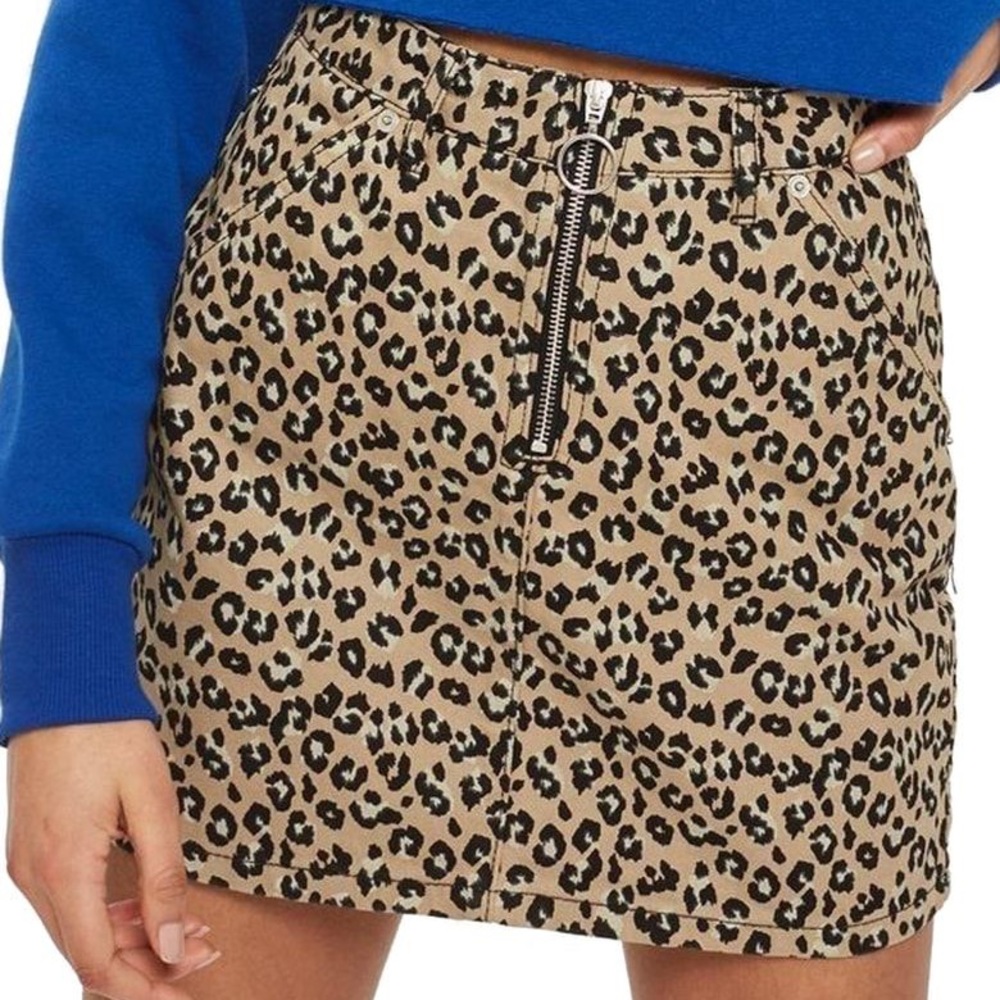 Topshop Half Zip Leopard Print Denim Mini Skirt Sz 4